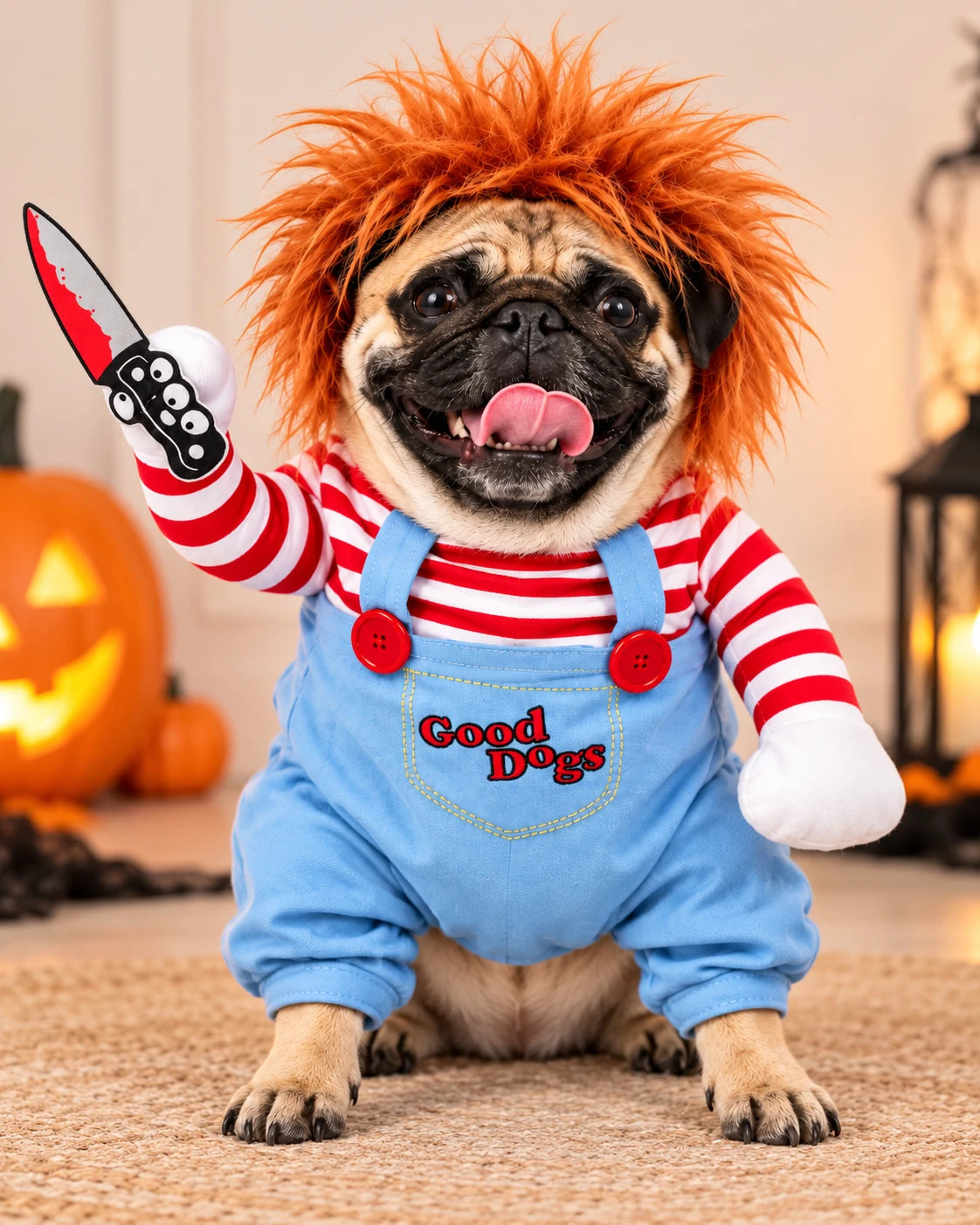 Pug wearing the horror doll costume with red wig, striped sleeves, blue overalls and plush knife, sitting next to a jack-o'-lantern