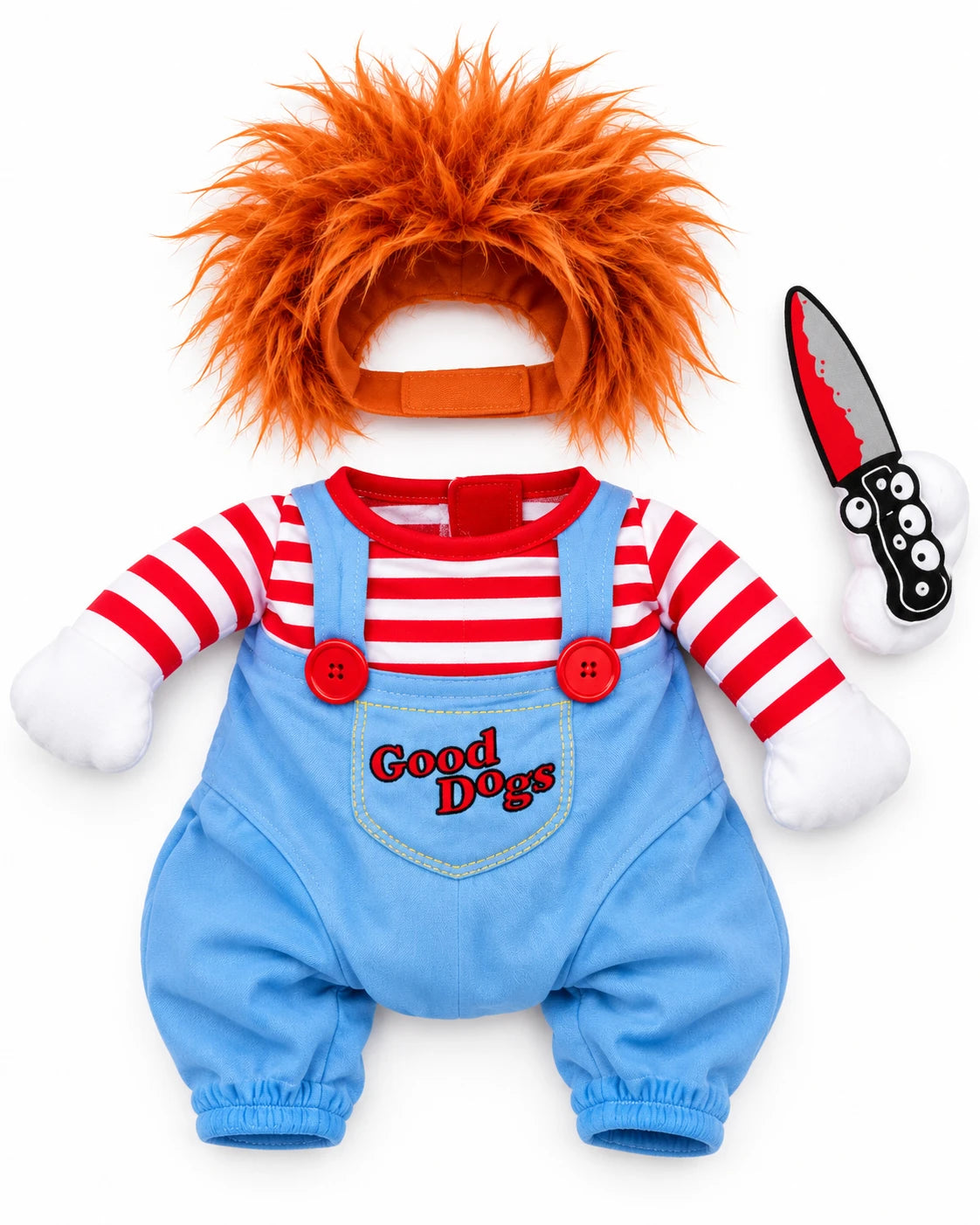The costume laid flat: red wig, striped-sleeve top with blue overalls, and plush knife accessory