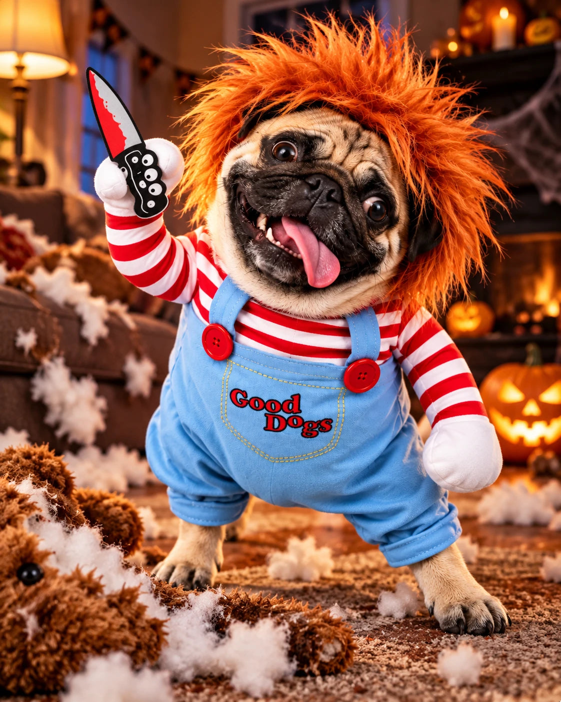 Pug in the costume looking pleased with itself next to a torn-up teddy bear, with jack-o'-lanterns in the background