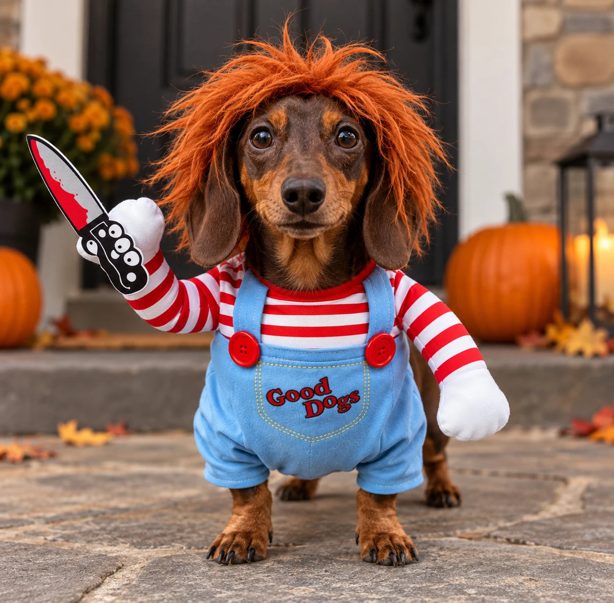 Front view of a dachshund wearing the costume