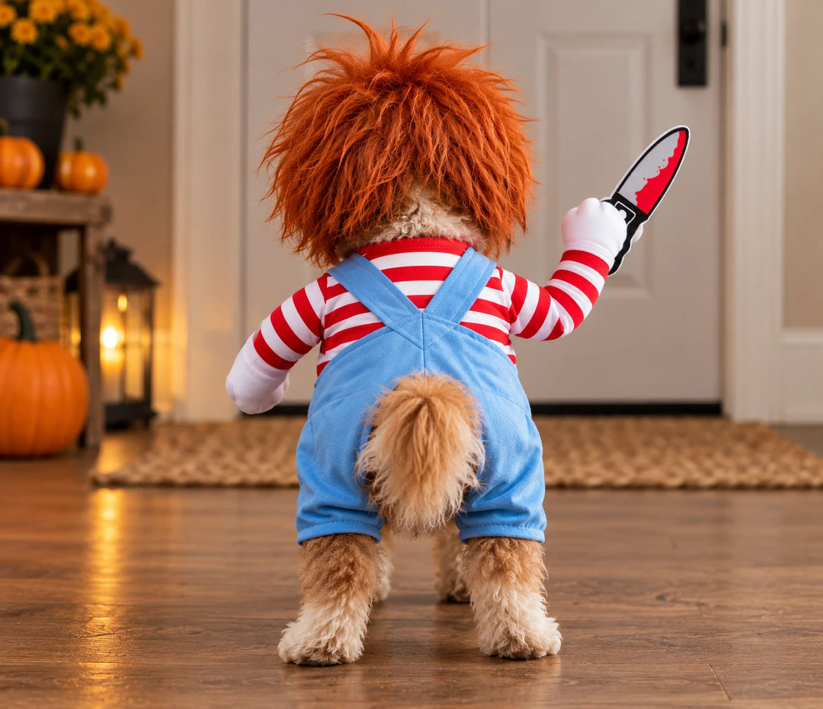 Back view of a poodle mix wearing the costume